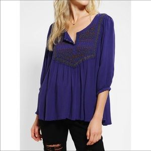 UO Ecoté Blue Flowy Peasant Blouse with Embroidery